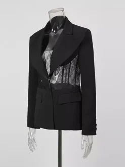 Blazer sexy en dentelle patchwork pour femme - Veste de tailleur noire gothique en maille transparente à taille cintrée - Soirée de printemps 2026