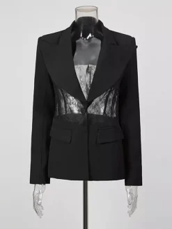 Blazer sexy en dentelle patchwork pour femme - Veste de tailleur noire gothique en maille transparente à taille cintrée - Soirée de printemps 2026