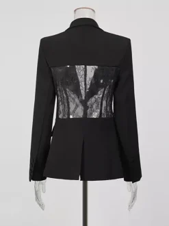 Blazer sexy en dentelle patchwork pour femme - Veste de tailleur noire gothique en maille transparente à taille cintrée - Soirée de printemps 2026