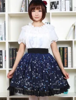 Bleu Lolita Jupe Constellation doux imprimé jupe Lolita avec sa garniture de dentelle noire Déguisements Halloween