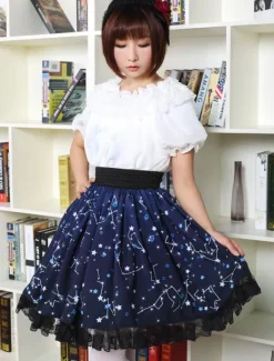 Bleu Lolita Jupe Constellation doux imprimé jupe Lolita avec sa garniture de dentelle noire Déguisements Halloween