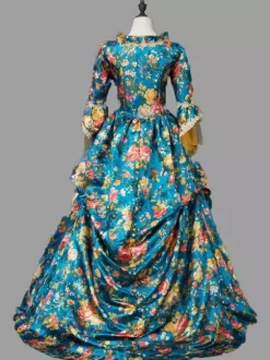 Bleu rétro Costumes femme Marie Antoinette Costume imprimé fleuri volants dentelle Polyester tunique robe rétro Vintage vêtements