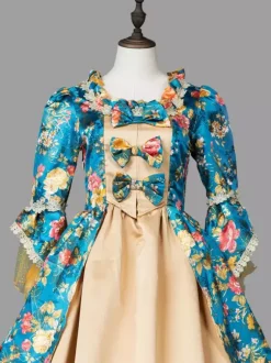 Bleu rétro Costumes femme Marie Antoinette Costume imprimé fleuri volants dentelle Polyester tunique robe rétro Vintage vêtements