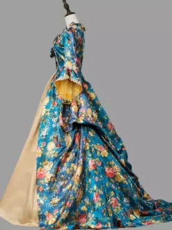 Bleu rétro Costumes femme Marie Antoinette Costume imprimé fleuri volants dentelle Polyester tunique robe rétro Vintage vêtements
