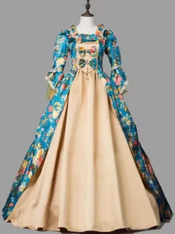 Bleu rétro Costumes femme Marie Antoinette Costume imprimé fleuri volants dentelle Polyester tunique robe rétro Vintage vêtements