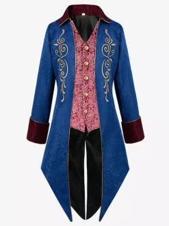 Bleu Vintage Top Rétro Polyester Imprimé Floral Manches Longues Rétro Costumes Pour Homme
