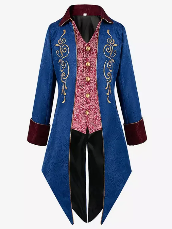 Bleu Vintage Top Rétro Polyester Imprimé Floral Manches Longues Rétro Costumes Pour Homme
