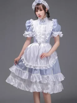 Bleu ciel clair rétro Costumes femmes volants Polyester tunique robe chapeaux Vintage Marie Antoinette Costume 18ème siècle Costume