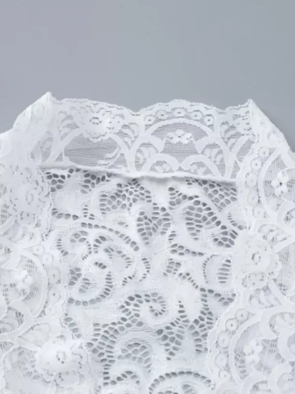 Blouse blanche pour femme col en V plissée sexy en dentelle manches longues.