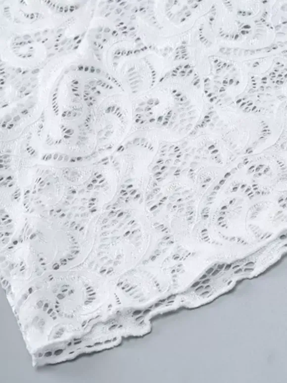 Blouse blanche pour femme col en V plissée sexy en dentelle manches longues.