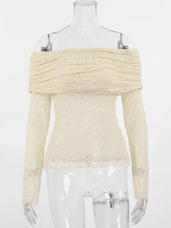 Blouse pour femme abricot plissée en dentelle froncée épaules dénudées élégante manches longues