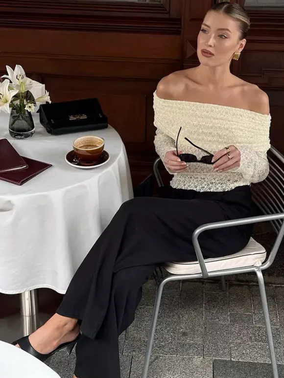 Blouse pour femme abricot plissée en dentelle froncée épaules dénudées élégante manches longues
