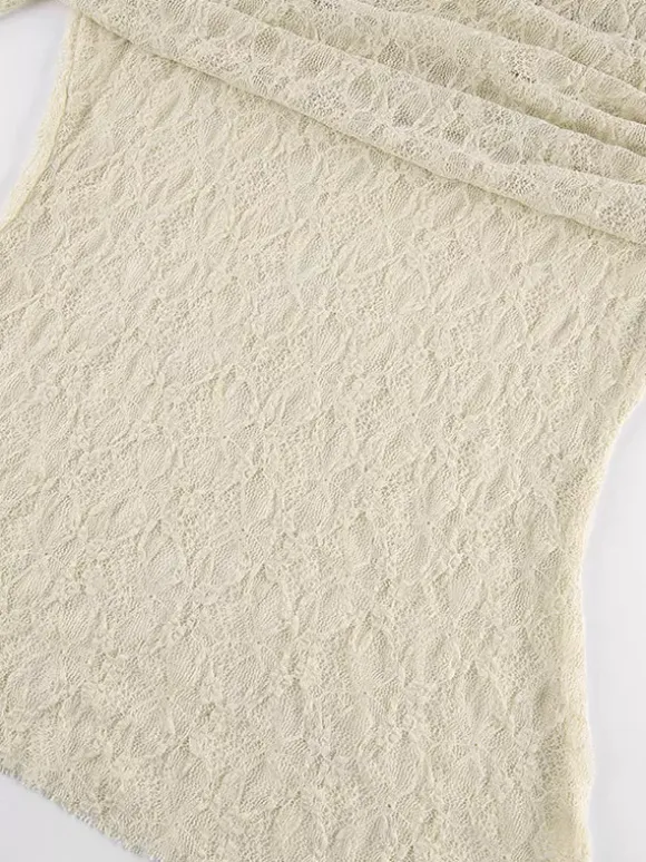 Blouse pour femme abricot plissée en dentelle froncée épaules dénudées élégante manches longues