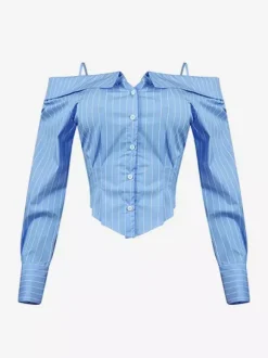 Blouse pour femme bleu ciel clair épaules dénudées coupe élégante manches longues