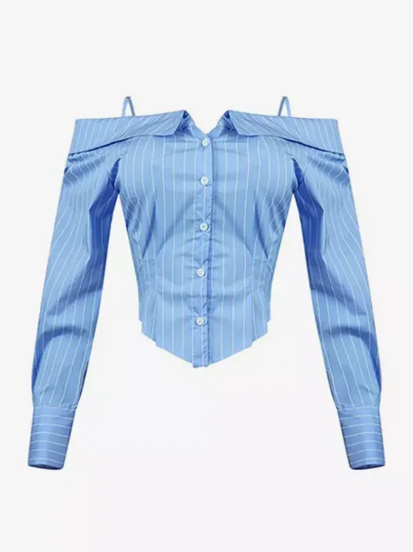 Blouse pour femme bleu ciel clair épaules dénudées coupe élégante manches longues