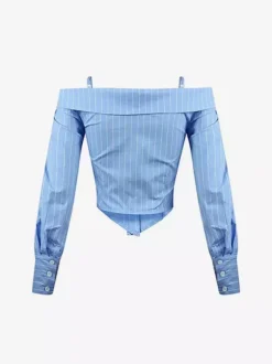 Blouse pour femme bleu ciel clair épaules dénudées coupe élégante manches longues