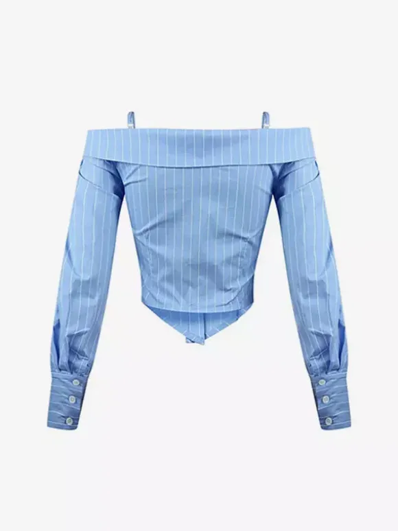 Blouse pour femme bleu ciel clair épaules dénudées coupe élégante manches longues