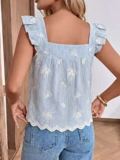 Blouse pour femme bleu ciel clair à col carré haut décontracté sans manches