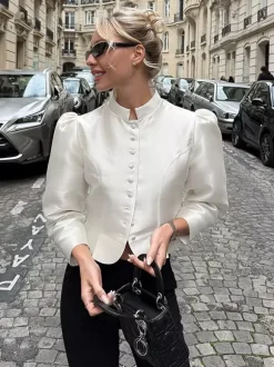 Blouse pour femme boutons dorés col montant manches longues chics