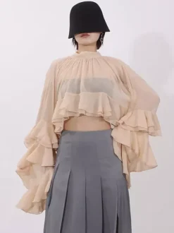 Blouse pour femme couleur saumon à volants plissée col montant manches longues chic
