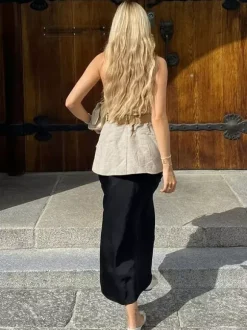 Blouse pour femme en coton et lin kaki dos nu laçage décontracté sans manches