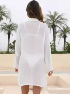 Blouse pour femme en coton blanc col rabattu boutons chics manches longues