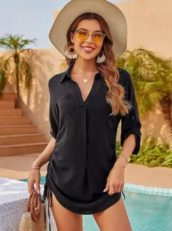 Blouse rose pour femme col rabattu fermeture à lacets et boutons manches 3/4.