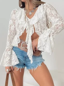 Blouse blanche à col en V et manches longues en dentelle pour femme