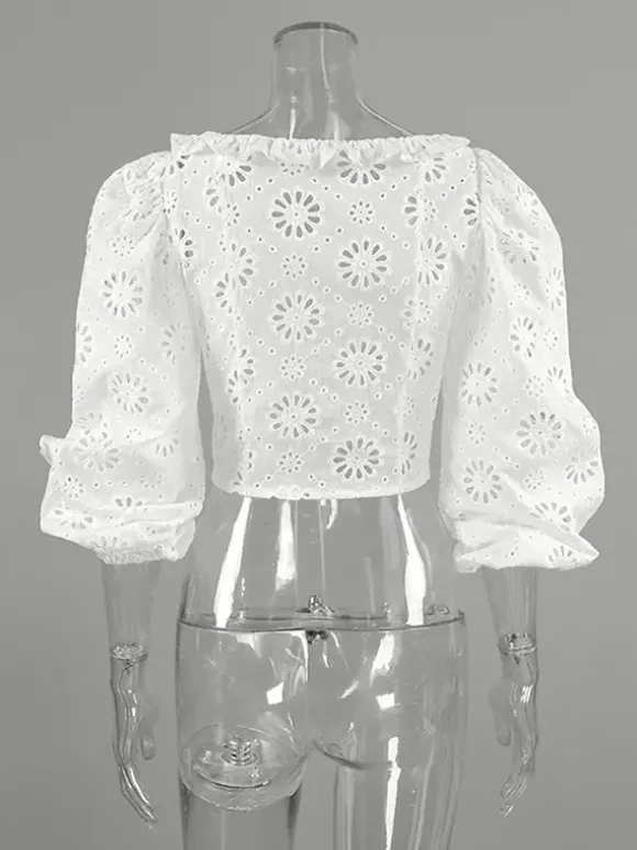 Blouse blanche à lacets pour femme col en V manches courtes en coton chic
