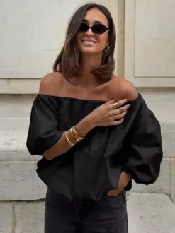 Blouse blanche élégante à épaules dénudées et manches longues en coton pour femme