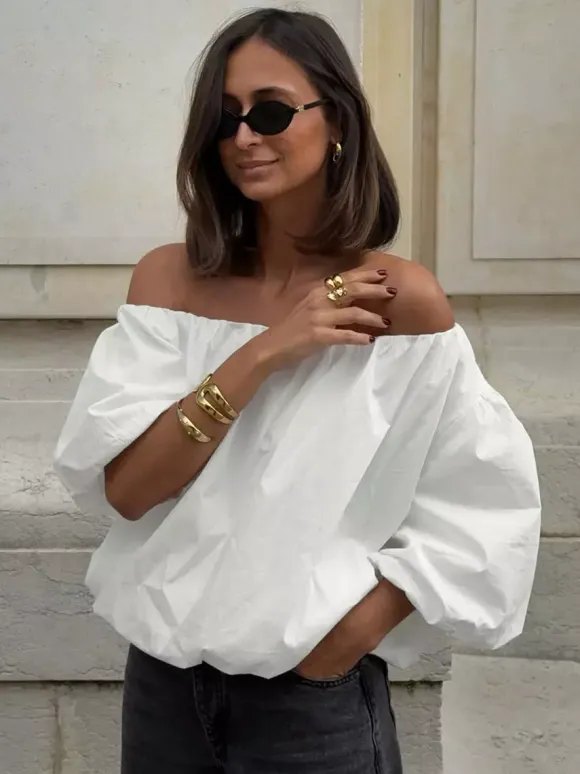 Blouse blanche élégante à épaules dénudées et manches longues en coton pour femme