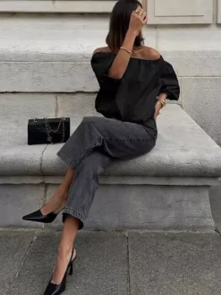 Blouse blanche élégante à épaules dénudées et manches longues en coton pour femme