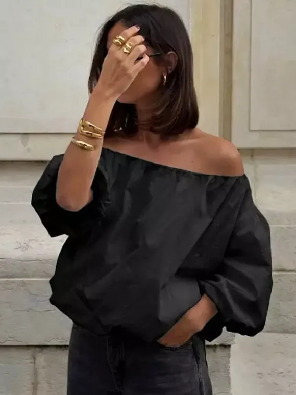 Blouse blanche élégante à épaules dénudées et manches longues en coton pour femme