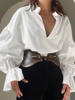Blouse 100 % coton pour femme style bohème chic - Col à volants blanc manches lanternes col en V - Vacances à la plage 2026