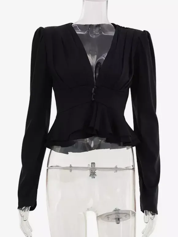 Blouse courte en satin à décolleté en V profond épaules bouffantes et ourlet à volants manches longues coupe ajustée