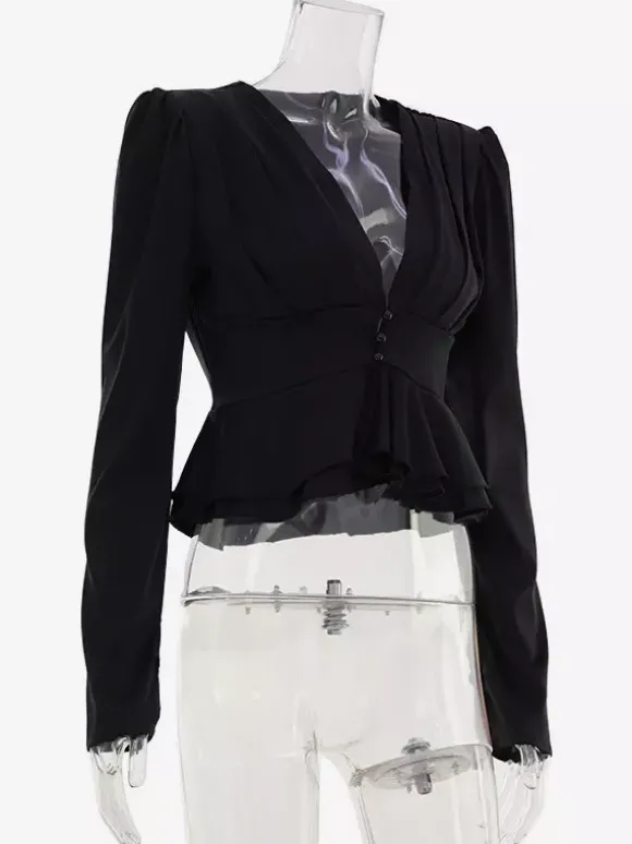 Blouse courte en satin à décolleté en V profond épaules bouffantes et ourlet à volants manches longues coupe ajustée