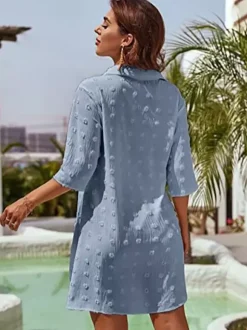 Blouse pour femme bleu foncé à col rabattu manches courtes décontractées en mousseline.