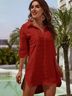 Blouse pour femme bleu foncé à col rabattu manches courtes décontractées en mousseline.