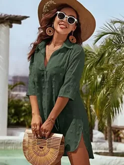Blouse pour femme bleu foncé à col rabattu manches courtes décontractées en mousseline.