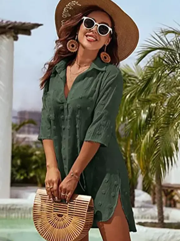 Blouse pour femme bleu foncé à col rabattu manches courtes décontractées en mousseline.