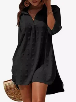 Blouse pour femme bleu foncé à col rabattu manches courtes décontractées en mousseline.