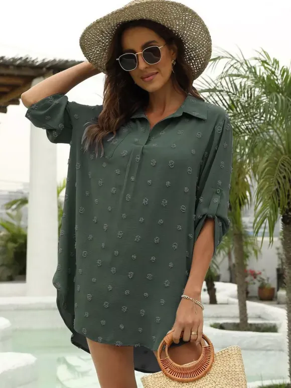 Blouse pour femme bleu foncé à col rabattu manches courtes décontractées en mousseline.