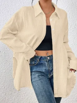 Blouse pour femme couleur abricot boutons col rabattu manches longues chics top en coton