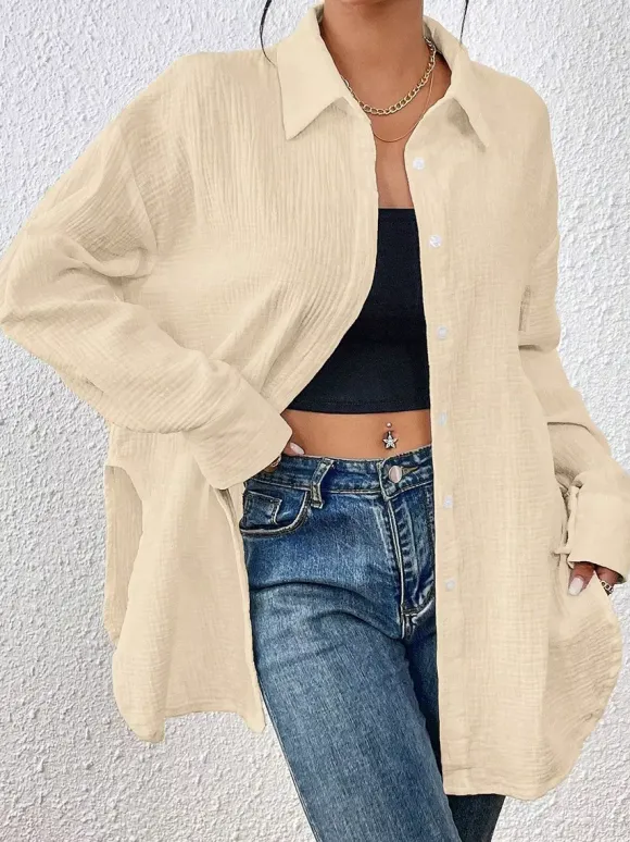 Blouse pour femme couleur abricot boutons col rabattu manches longues chics top en coton