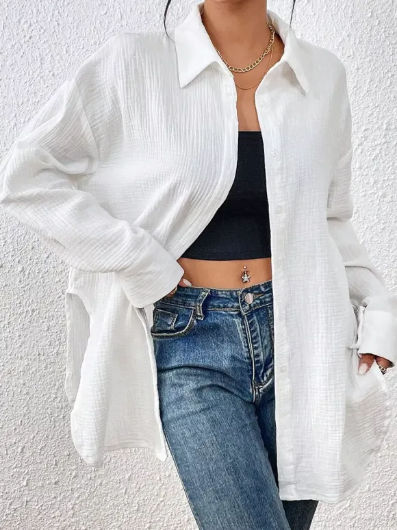Blouse pour femme couleur abricot boutons col rabattu manches longues chics top en coton