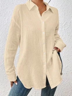 Blouse pour femme couleur abricot boutons col rabattu manches longues chics top en coton