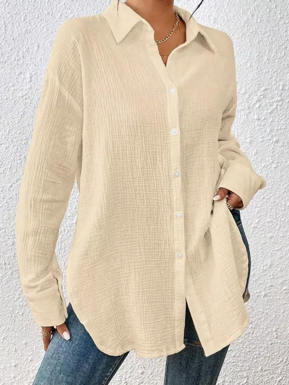 Blouse pour femme couleur abricot boutons col rabattu manches longues chics top en coton