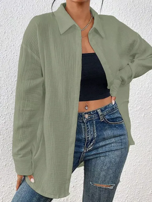 Blouse pour femme couleur abricot boutons col rabattu manches longues chics top en coton