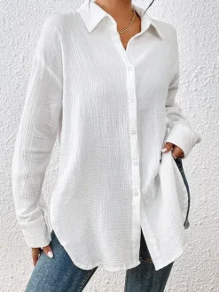 Blouse pour femme couleur abricot boutons col rabattu manches longues chics top en coton