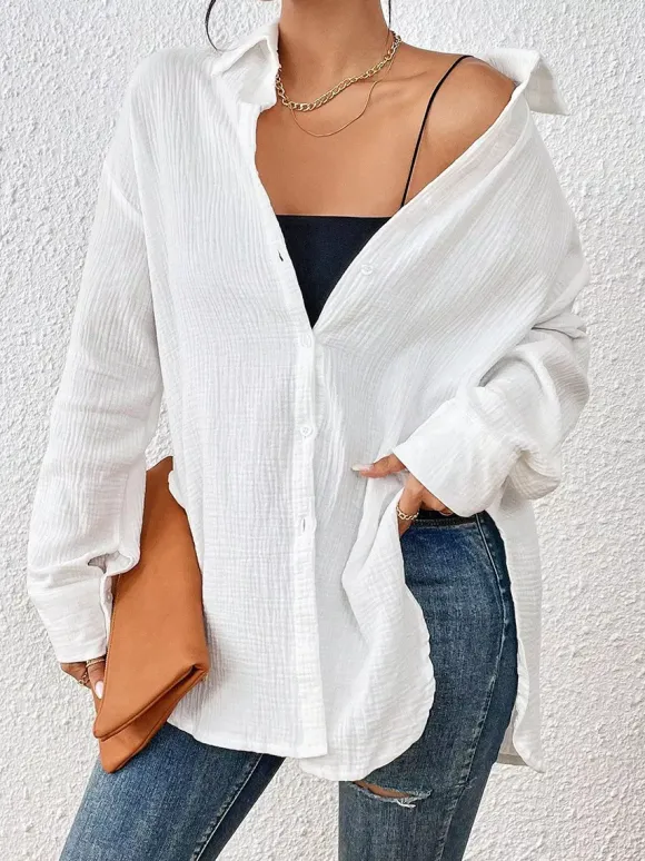 Blouse pour femme couleur abricot boutons col rabattu manches longues chics top en coton